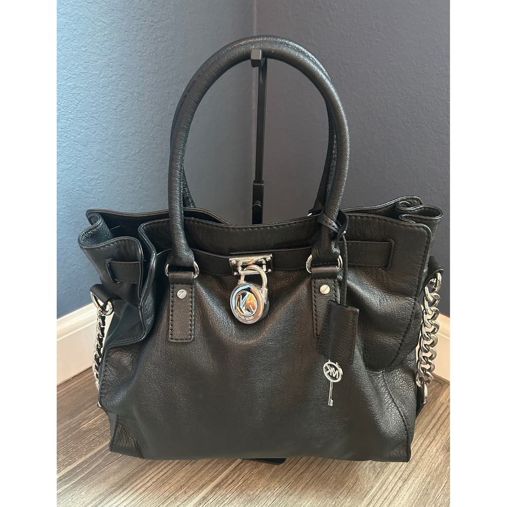 Michael Kors Hamilton Large Black Leather Satchel Tote Bag Silver Lock COA Purse